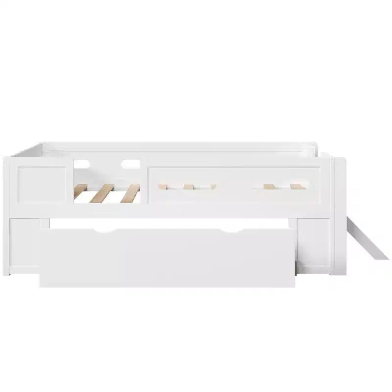 Whisen Wood Twin Size Platform Bed with Guardrail and Drawer