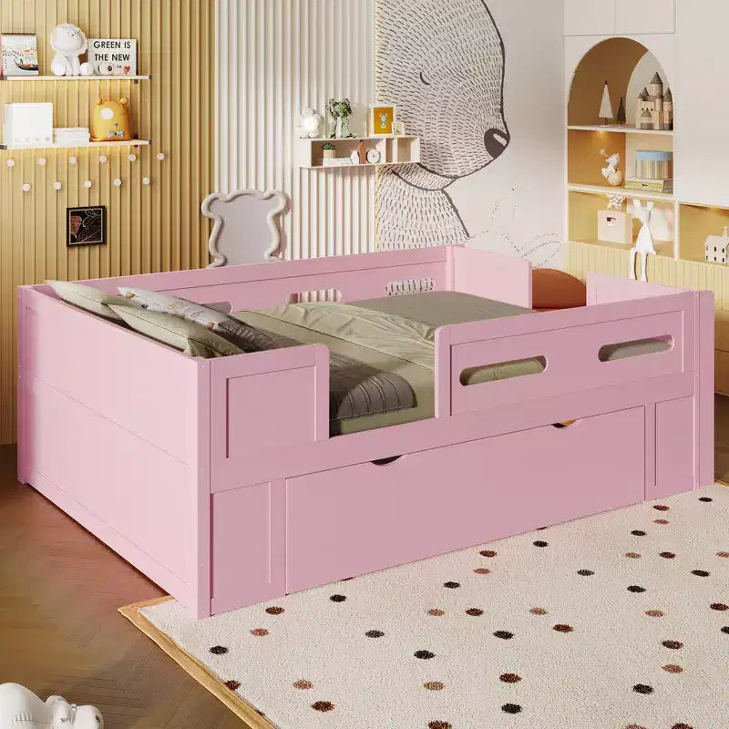 Whisen Wood Twin Size Platform Bed with Guardrail and Drawer