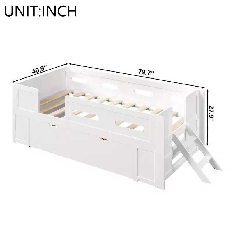 Whisen Wood Twin Size Platform Bed with Guardrail and Drawer