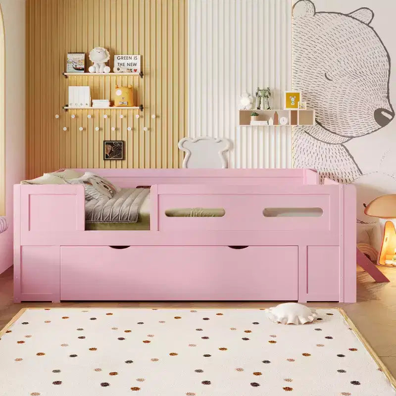 Whisen Wood Twin Size Platform Bed with Guardrail and Drawer