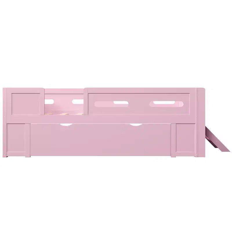 Whisen Wood Twin Size Platform Bed with Guardrail and Drawer