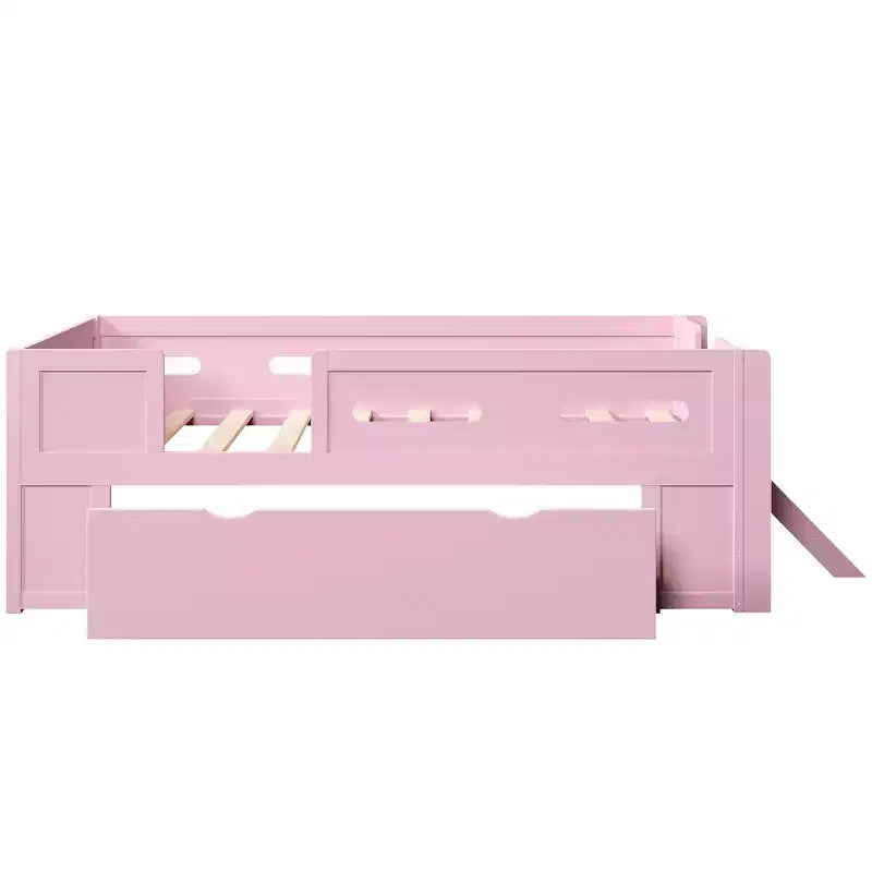 Whisen Wood Twin Size Platform Bed with Guardrail and Drawer