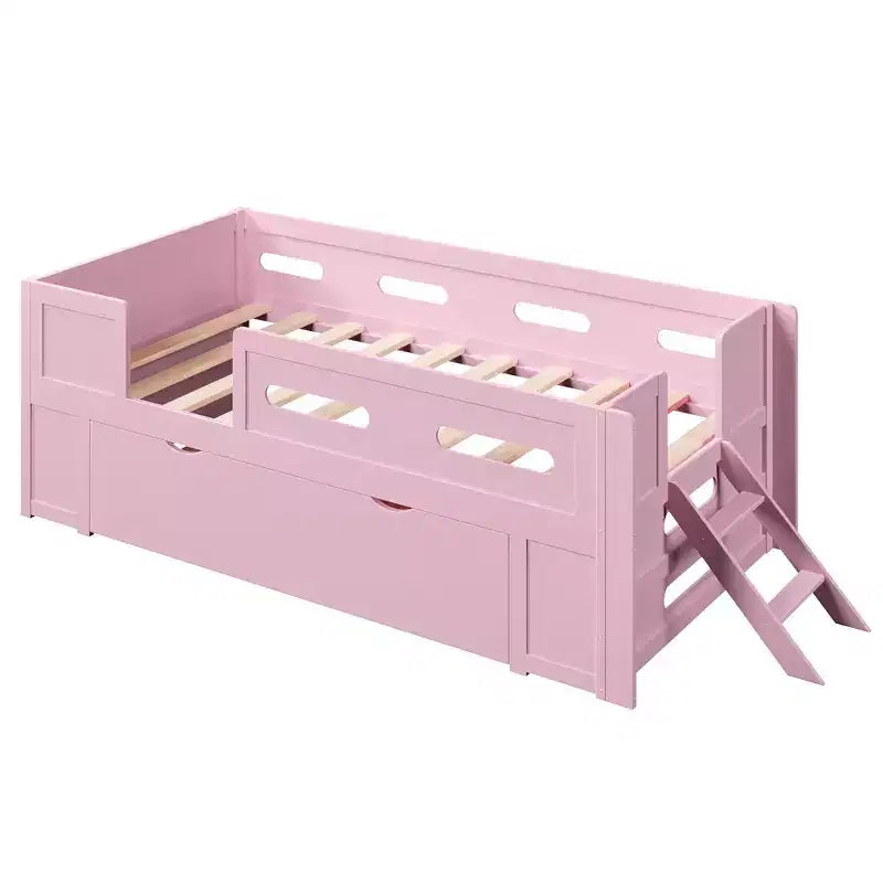 Whisen Wood Twin Size Platform Bed with Guardrail and Drawer