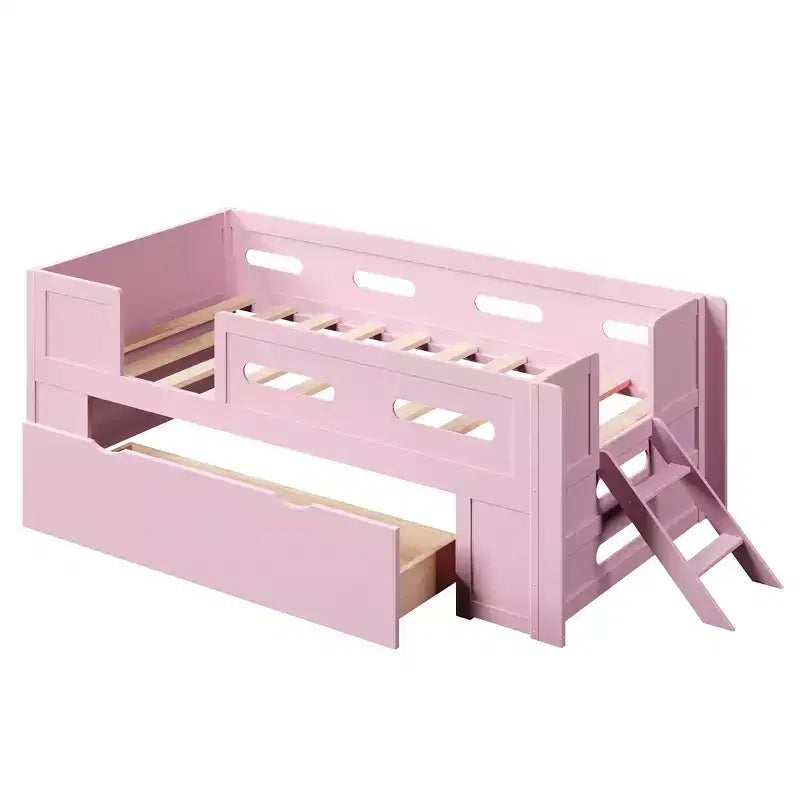 Whisen Wood Twin Size Platform Bed with Guardrail and Drawer