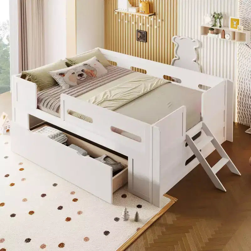Whisen Wood Twin Size Platform Bed with Guardrail and Drawer