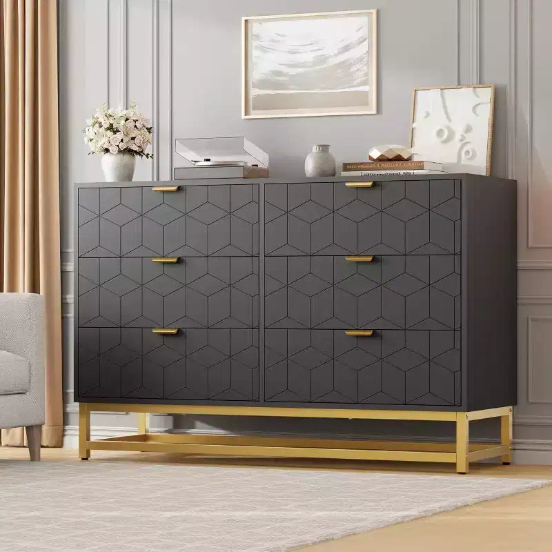 6 Drawer Double Dresser,Modern Dresser for Bedroom,Long Storage Organizer for Closet&TV Stand,Large Chest of Drawers for Living Room,Hallway,Entryway