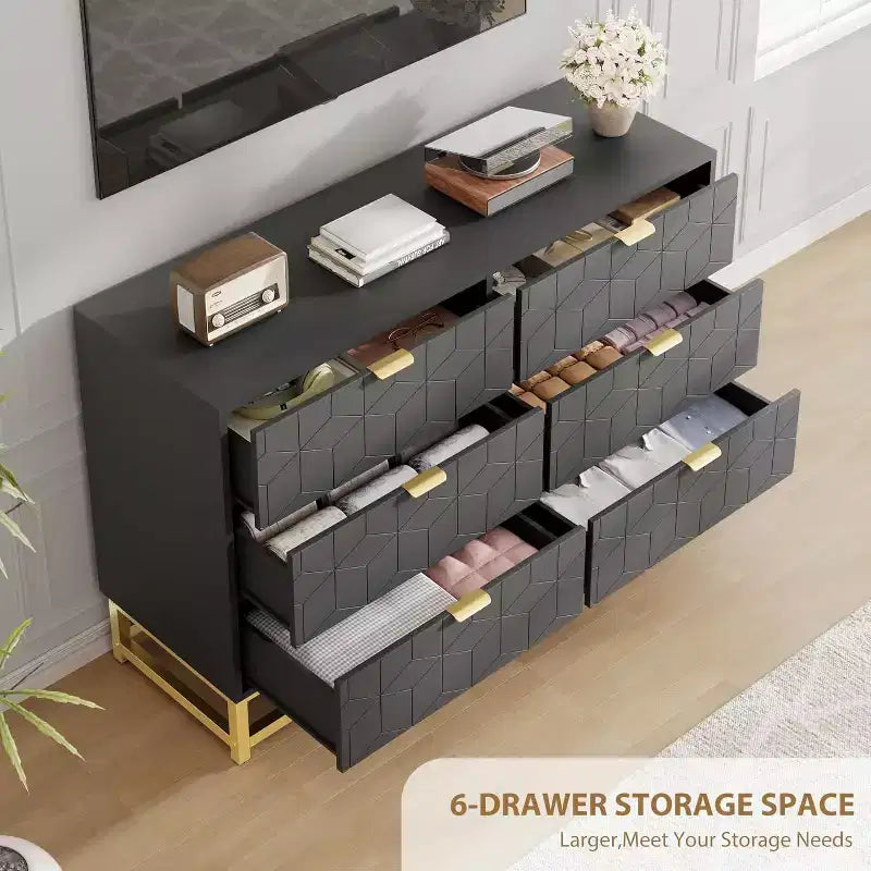 6 Drawer Double Dresser,Modern Dresser for Bedroom,Long Storage Organizer for Closet&TV Stand,Large Chest of Drawers for Living Room,Hallway,Entryway