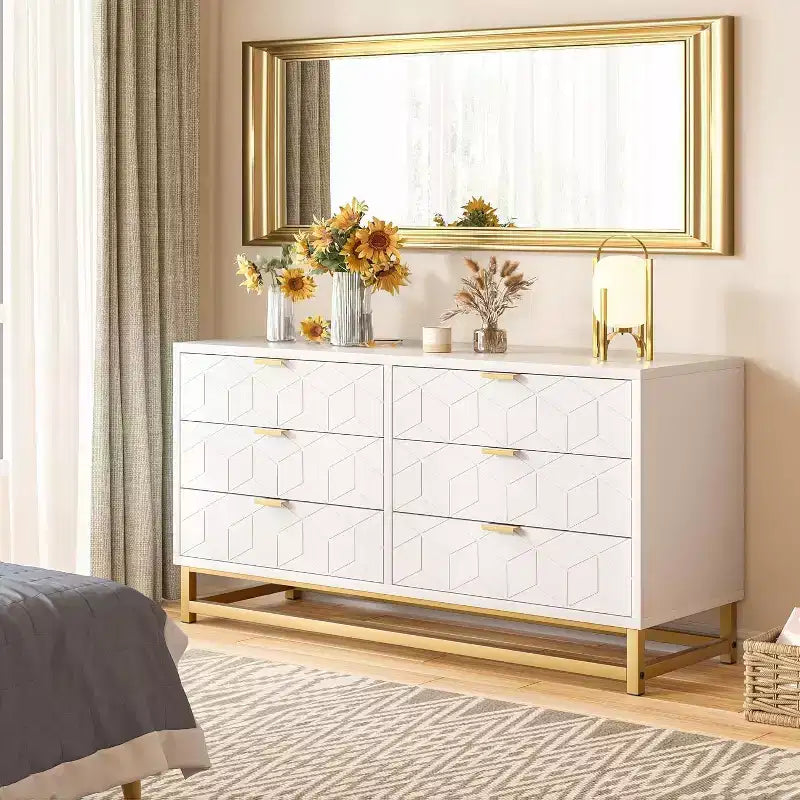 6 Drawer Double Dresser,Modern Dresser for Bedroom,Long Storage Organizer for Closet&TV Stand,Large Chest of Drawers for Living Room,Hallway,Entryway
