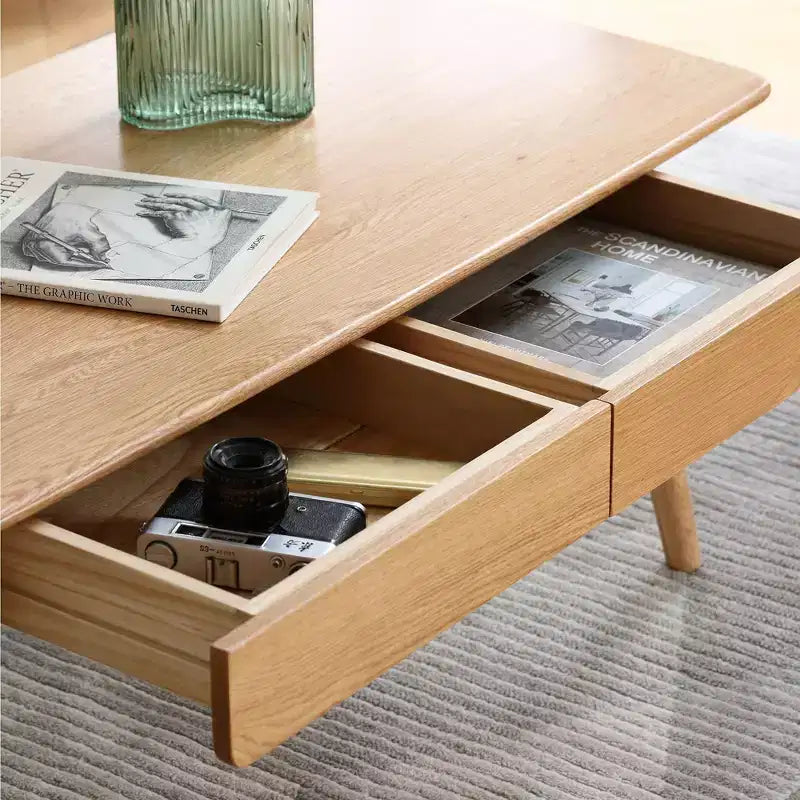 Homy Casa Solid Wood Coffee Table with Storage Drawers for Home Office