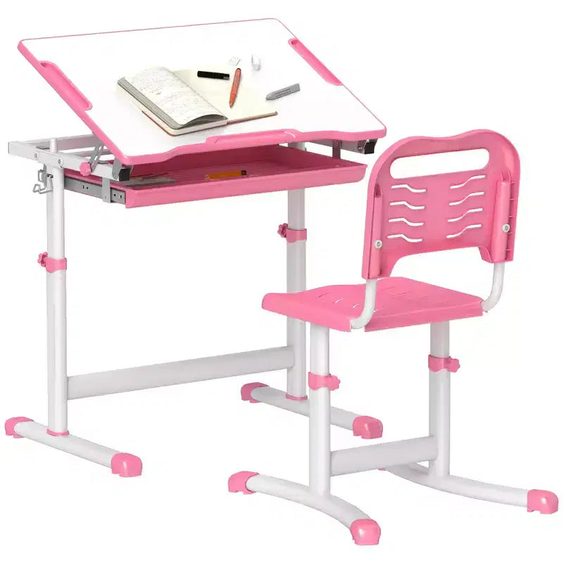 Etokfoks adjustable kids desk and chair set ergonomic tilt tabletop storage drawer pen slots hook for ages 6 to 12 pink