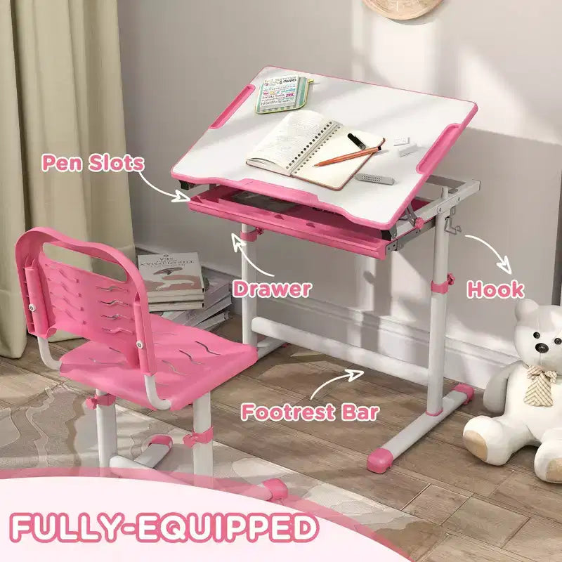Etokfoks adjustable kids desk and chair set ergonomic tilt tabletop storage drawer pen slots hook for ages 6 to 12 pink