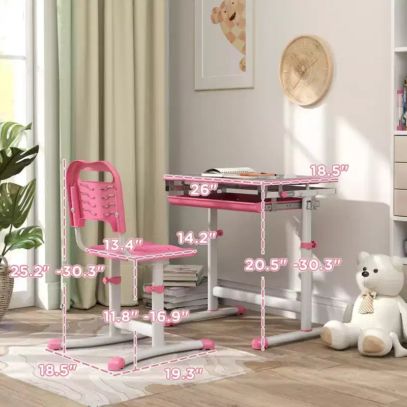 Etokfoks adjustable kids desk and chair set ergonomic tilt tabletop storage drawer pen slots hook for ages 6 to 12 pink