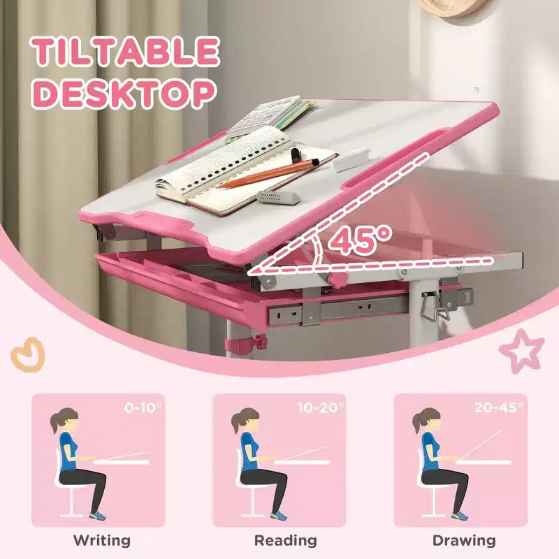 Etokfoks adjustable kids desk and chair set ergonomic tilt tabletop storage drawer pen slots hook for ages 6 to 12 pink