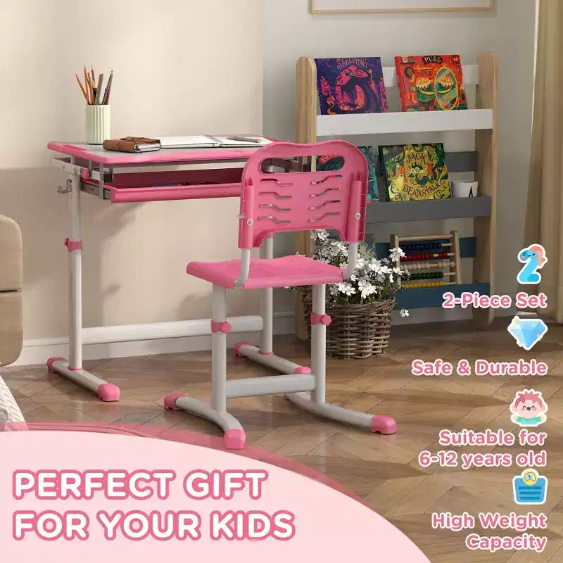 Etokfoks adjustable kids desk and chair set ergonomic tilt tabletop storage drawer pen slots hook for ages 6 to 12 pink