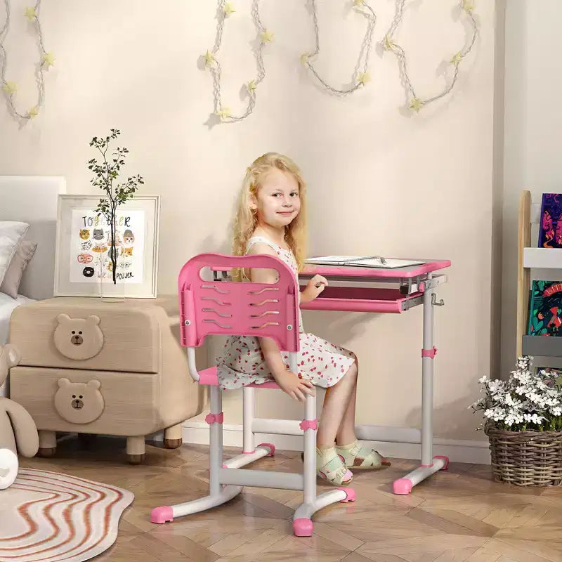 Etokfoks adjustable kids desk and chair set ergonomic tilt tabletop storage drawer pen slots hook for ages 6 to 12 pink