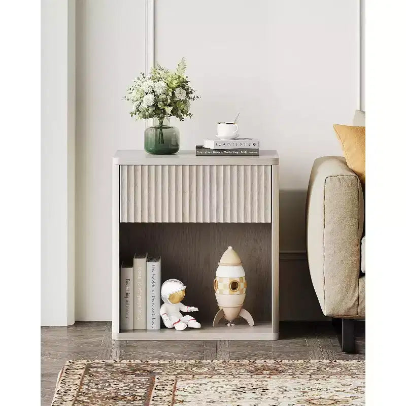 BALHAM TRADE-Nightstand with Storage Drawer Open Shelf Fluted Design Mid Century Bedroom Side Table