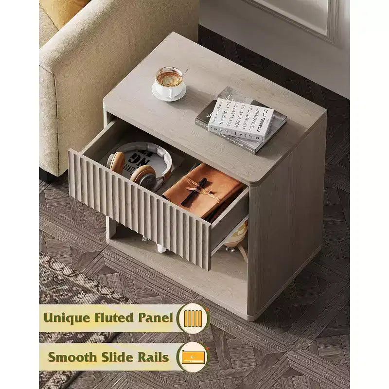 BALHAM TRADE-Nightstand with Storage Drawer Open Shelf Fluted Design Mid Century Bedroom Side Table
