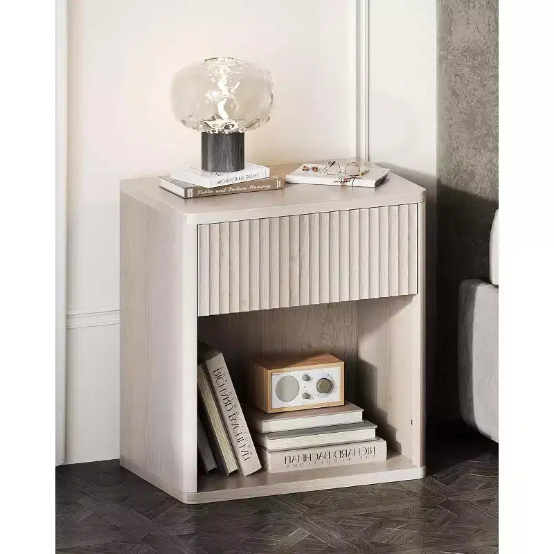 BALHAM TRADE-Nightstand with Storage Drawer Open Shelf Fluted Design Mid Century Bedroom Side Table
