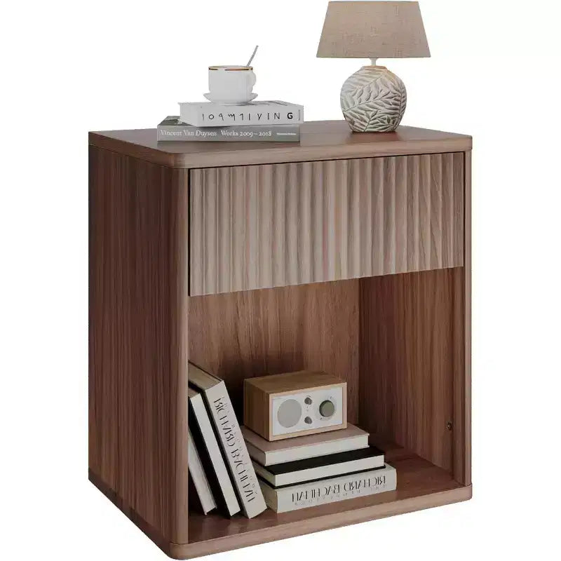 BALHAM TRADE-Nightstand with Storage Drawer Open Shelf Fluted Design Mid Century Bedroom Side Table