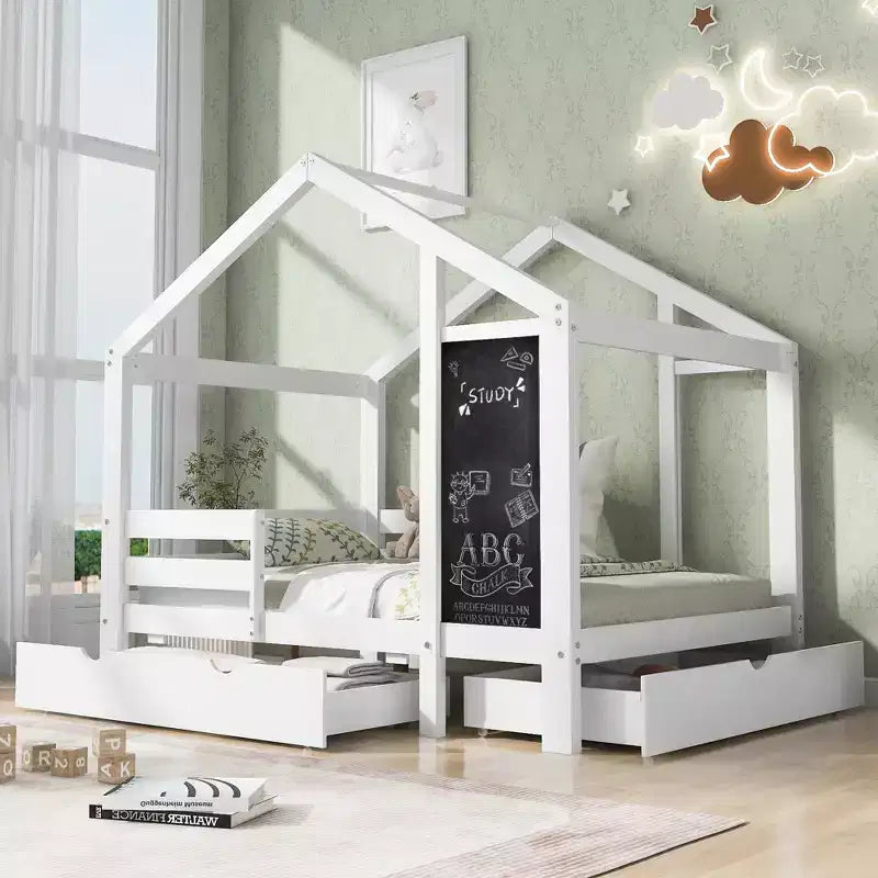 Twin/Full Size House Bed with Blackboard and Storage Drawers, Montessori House Bed Frame with Roof, Wood Playhouse Shape Bed for Bedroom