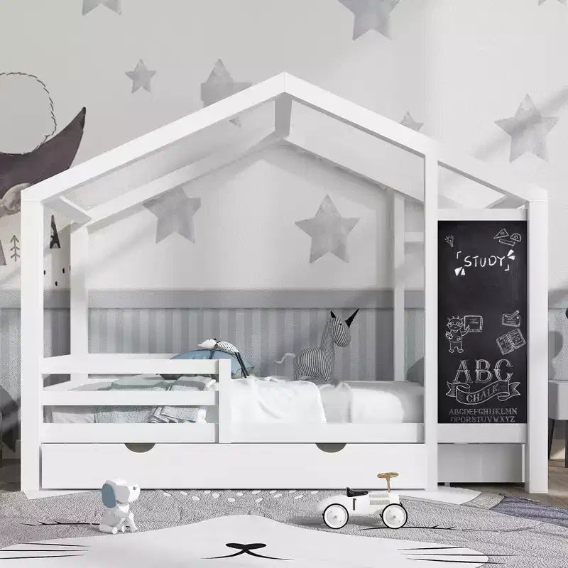 Twin/Full Size House Bed with Blackboard and Storage Drawers, Montessori House Bed Frame with Roof, Wood Playhouse Shape Bed for Bedroom