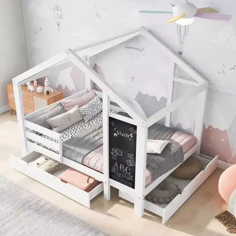 Twin/Full Size House Bed with Blackboard and Storage Drawers, Montessori House Bed Frame with Roof, Wood Playhouse Shape Bed for Bedroom