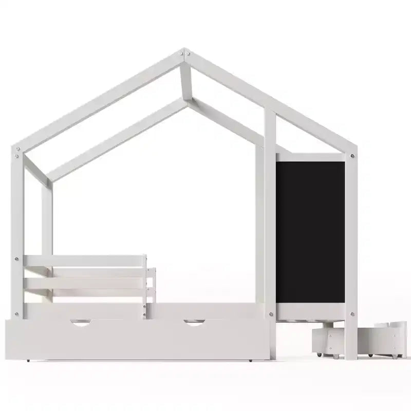 Twin/Full Size House Bed with Blackboard and Storage Drawers, Montessori House Bed Frame with Roof, Wood Playhouse Shape Bed for Bedroom
