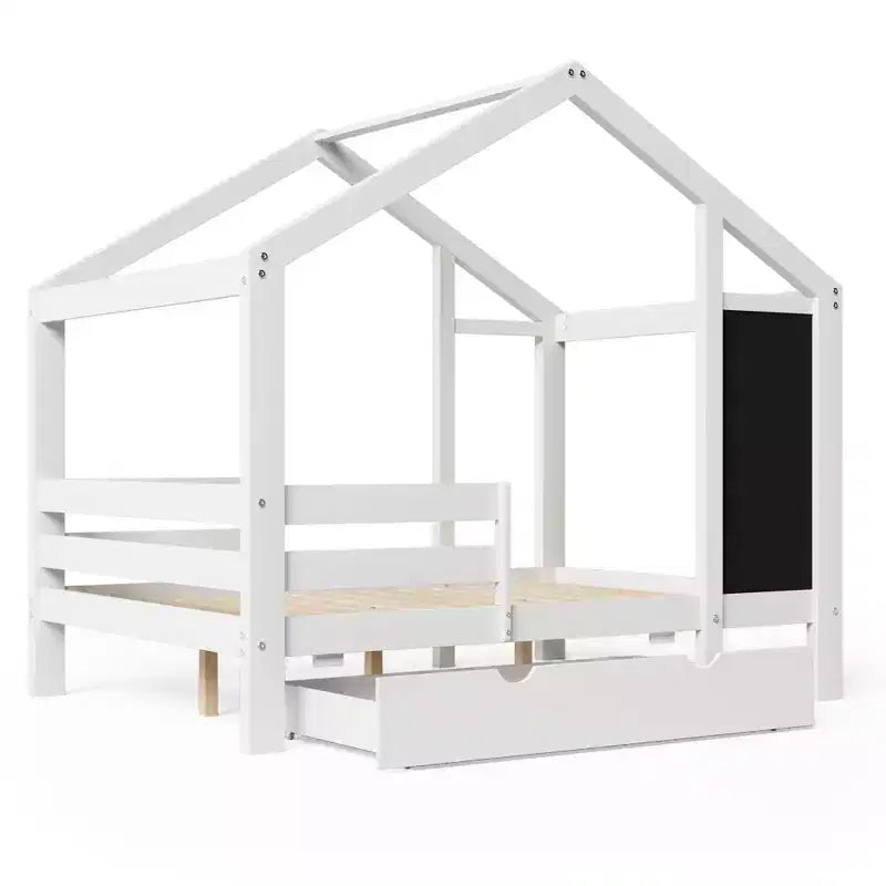 Twin/Full Size House Bed with Blackboard and Storage Drawers, Montessori House Bed Frame with Roof, Wood Playhouse Shape Bed for Bedroom