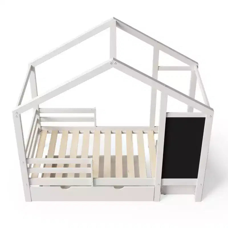 Twin/Full Size House Bed with Blackboard and Storage Drawers, Montessori House Bed Frame with Roof, Wood Playhouse Shape Bed for Bedroom