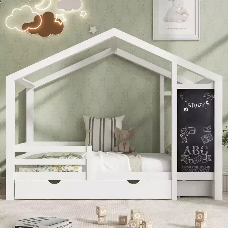 Twin/Full Size House Bed with Blackboard and Storage Drawers, Montessori House Bed Frame with Roof, Wood Playhouse Shape Bed for Bedroom