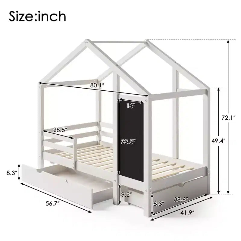 Twin/Full Size House Bed with Blackboard and Storage Drawers, Montessori House Bed Frame with Roof, Wood Playhouse Shape Bed for Bedroom