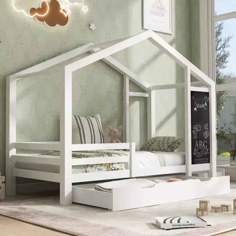 Twin/Full Size House Bed with Blackboard and Storage Drawers, Montessori House Bed Frame with Roof, Wood Playhouse Shape Bed for Bedroom