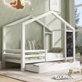Twin/Full Size House Bed with Blackboard and Storage Drawers, Montessori House Bed Frame with Roof, Wood Playhouse Shape Bed for Bedroom