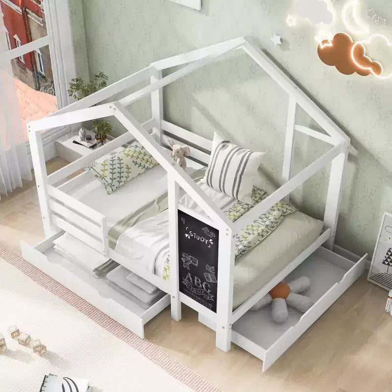 Twin/Full Size House Bed with Blackboard and Storage Drawers, Montessori House Bed Frame with Roof, Wood Playhouse Shape Bed for Bedroom