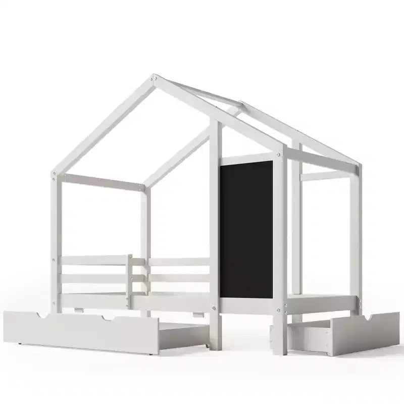Twin/Full Size House Bed with Blackboard and Storage Drawers, Montessori House Bed Frame with Roof, Wood Playhouse Shape Bed for Bedroom
