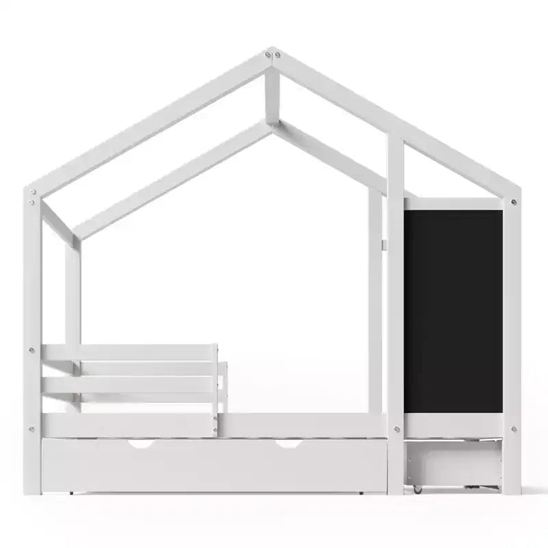 Twin/Full Size House Bed with Blackboard and Storage Drawers, Montessori House Bed Frame with Roof, Wood Playhouse Shape Bed for Bedroom