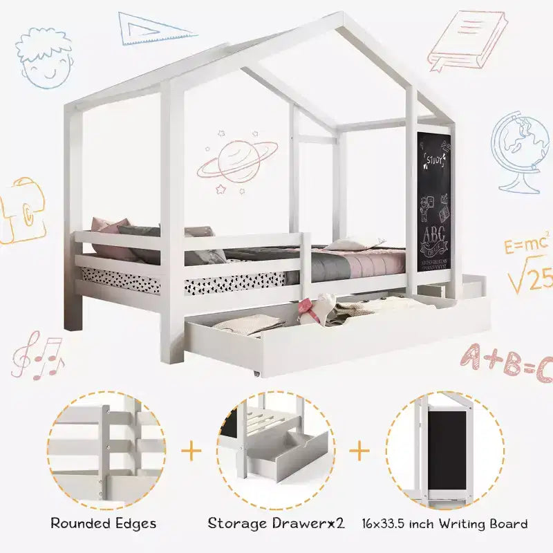 Twin/Full Size House Bed with Blackboard and Storage Drawers, Montessori House Bed Frame with Roof, Wood Playhouse Shape Bed for Bedroom