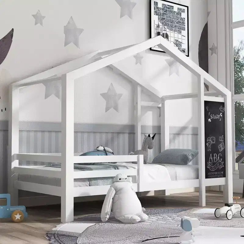 Twin/Full Size House Bed with Blackboard and Storage Drawers, Montessori House Bed Frame with Roof, Wood Playhouse Shape Bed for Bedroom