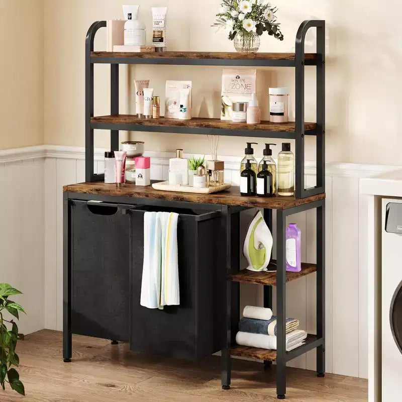 Bathroom Laundry Storage Rack, 2-Layer Laundry Basket with Side Rack, Three-Layer Laundry Sorting Rack, with Two Pull-Out and Detachable Laundry Bags