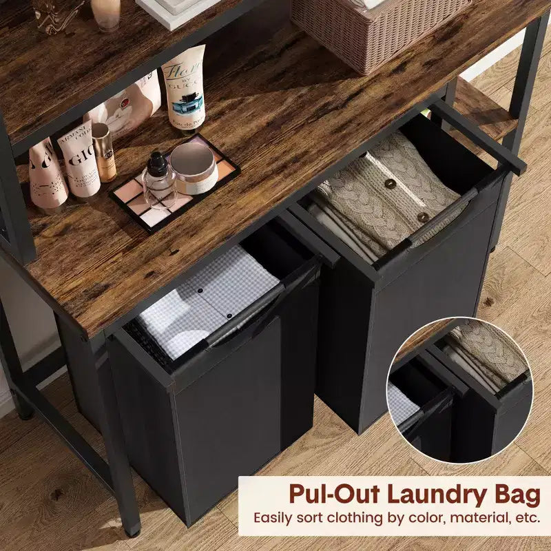 Bathroom Laundry Storage Rack, 2-Layer Laundry Basket with Side Rack, Three-Layer Laundry Sorting Rack, with Two Pull-Out and Detachable Laundry Bags