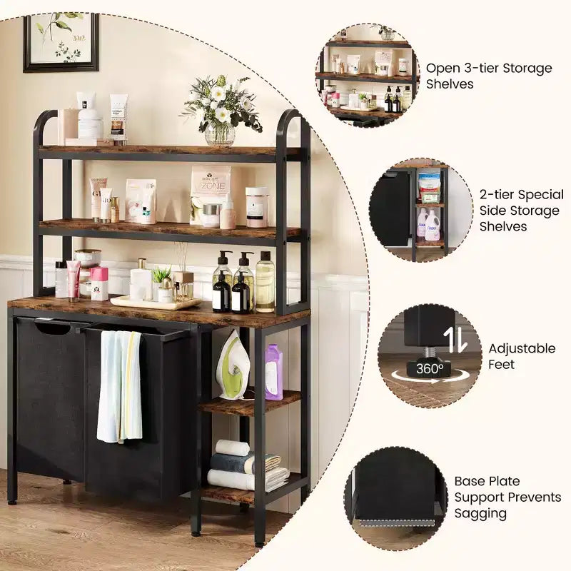 Bathroom Laundry Storage Rack, 2-Layer Laundry Basket with Side Rack, Three-Layer Laundry Sorting Rack, with Two Pull-Out and Detachable Laundry Bags