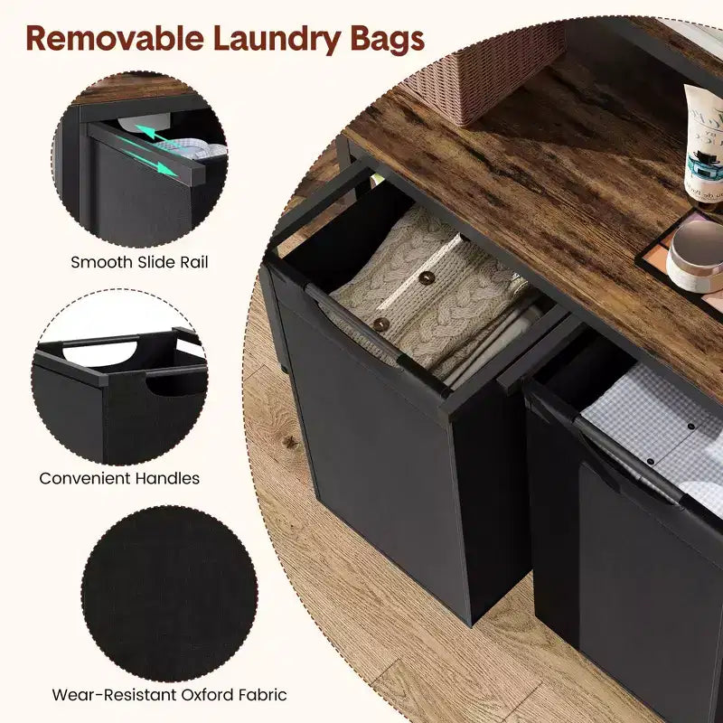 Bathroom Laundry Storage Rack, 2-Layer Laundry Basket with Side Rack, Three-Layer Laundry Sorting Rack, with Two Pull-Out and Detachable Laundry Bags