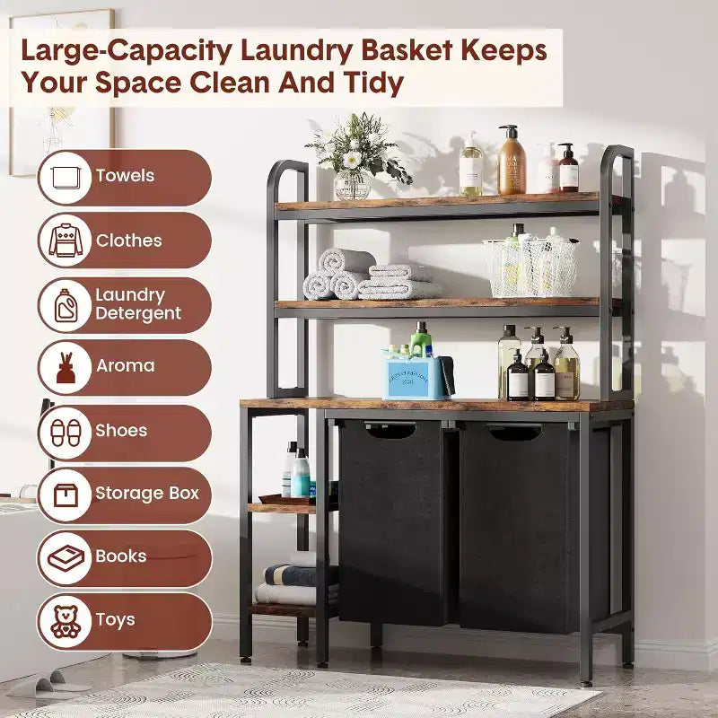 3-Tier Laundry Sorter with Removable Shelf & Pull-Out Bags, 60L Heavy-Duty Clothes Hamper Organizer with Side Shelves, for Bedroom, Bathroom, Dorm