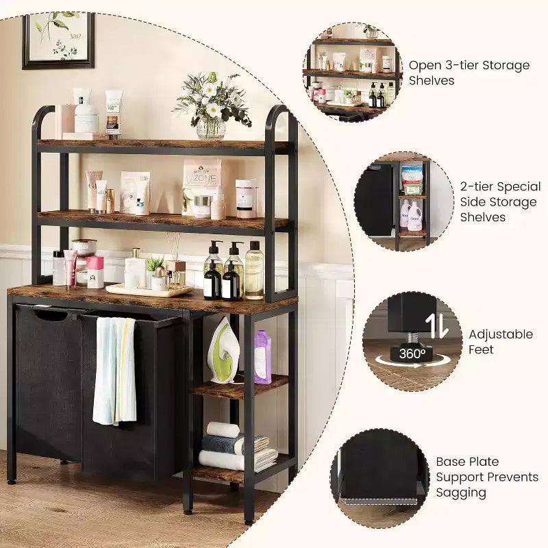 3-Tier Laundry Sorter with Removable Shelf & Pull-Out Bags, 60L Heavy-Duty Clothes Hamper Organizer with Side Shelves, for Bedroom, Bathroom, Dorm