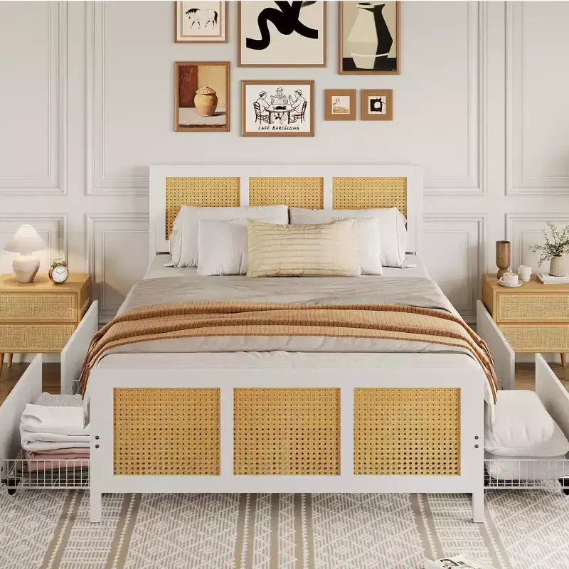 Modern Boho Rattan Bed Frame with 7-Color LED Headboard Platform, Cane Footboard, 4 Storage Drawers, Metal Slats, Noise-Free, No Box Season Needed