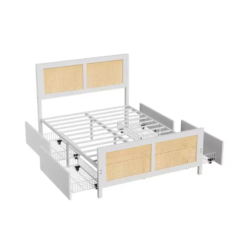 Modern Boho Rattan Bed Frame with 7-Color LED Headboard Platform, Cane Footboard, 4 Storage Drawers, Metal Slats, Noise-Free, No Box Season Needed