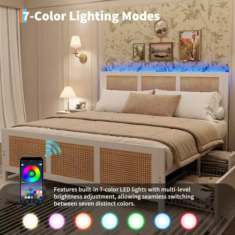 Modern Boho Rattan Bed Frame with 7-Color LED Headboard Platform, Cane Footboard, 4 Storage Drawers, Metal Slats, Noise-Free, No Box Season Needed