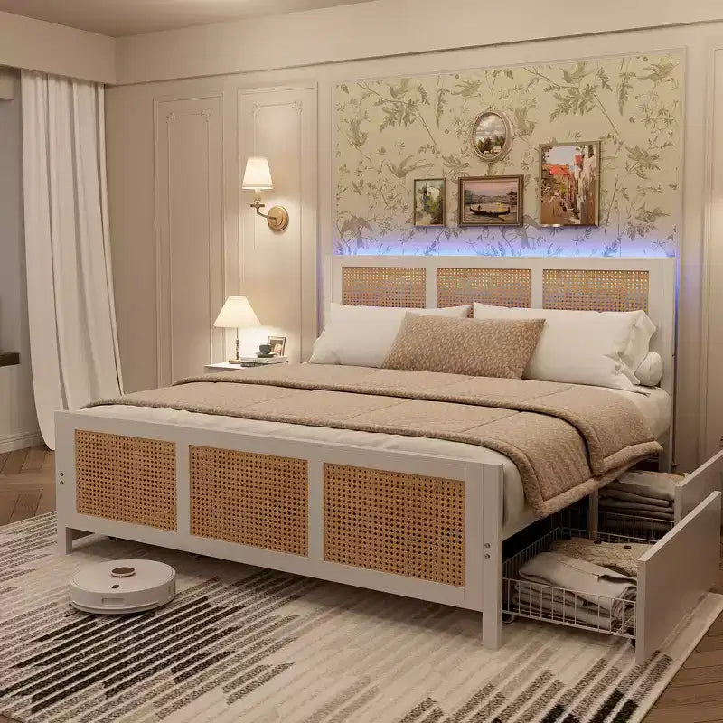Modern Boho Rattan Bed Frame with 7-Color LED Headboard Platform, Cane Footboard, 4 Storage Drawers, Metal Slats, Noise-Free, No Box Season Needed