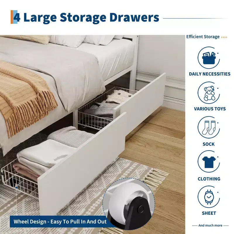 Modern Boho Rattan Bed Frame with 7-Color LED Headboard Platform, Cane Footboard, 4 Storage Drawers, Metal Slats, Noise-Free, No Box Season Needed