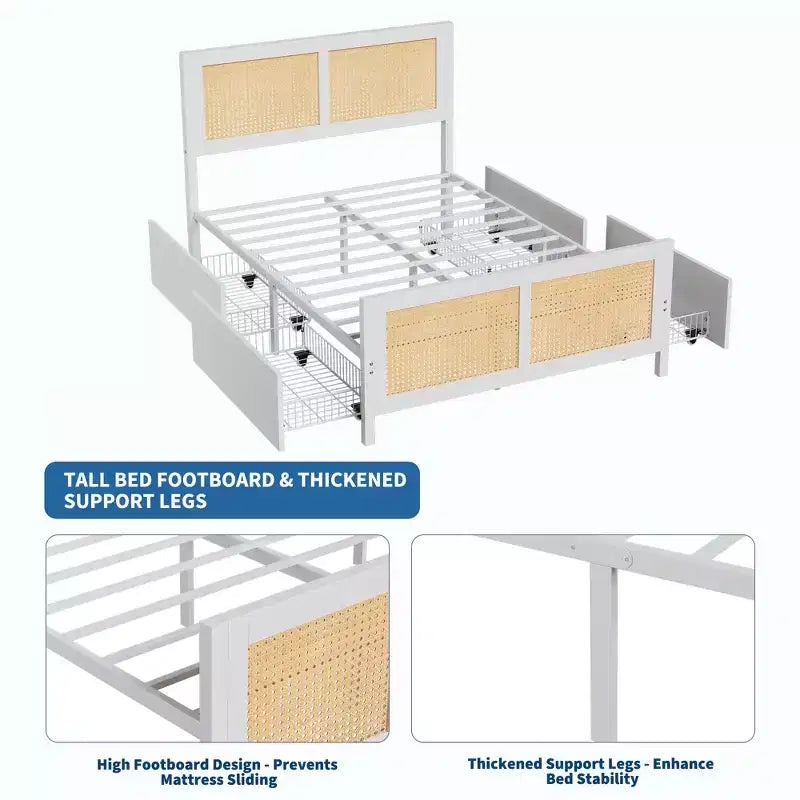 Modern Boho Rattan Bed Frame with 7-Color LED Headboard Platform, Cane Footboard, 4 Storage Drawers, Metal Slats, Noise-Free, No Box Season Needed